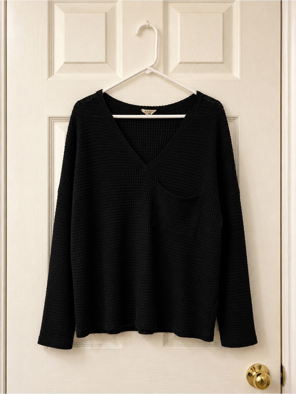 BiBi Black V-Neck Waffle Knit Sweater with Pocket